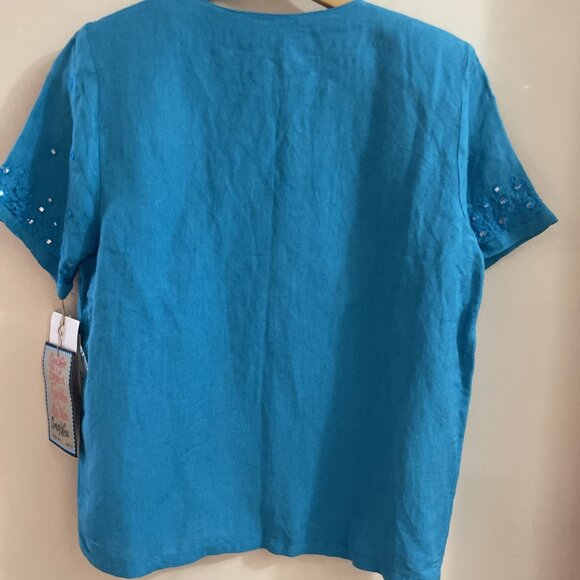 Vintage 90s Embellished Linen Blend Top Women's S Blue Sequins Fairy Artsy NOS - Picture 5 of 13